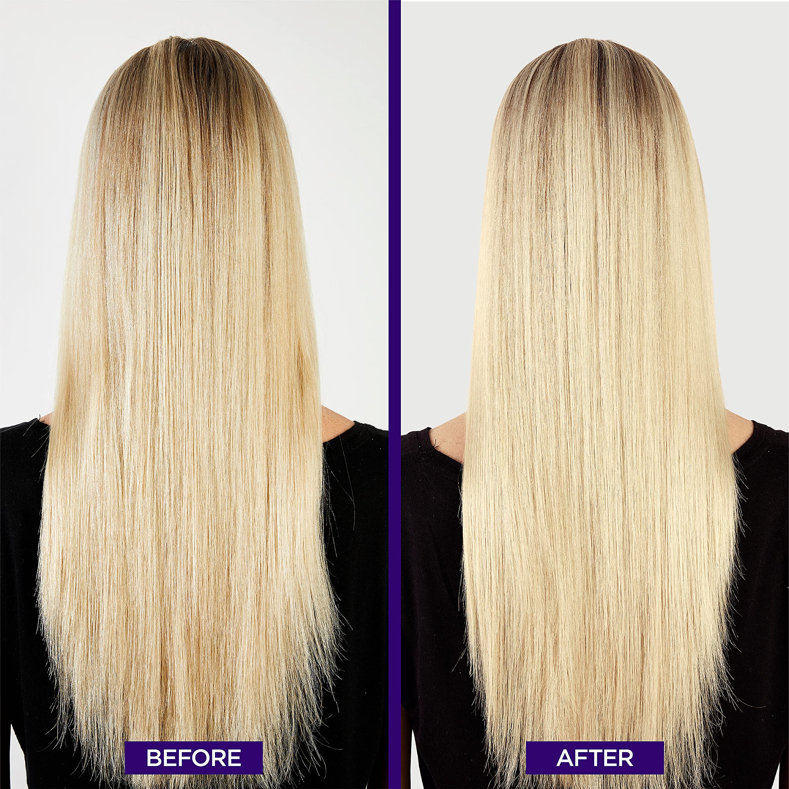 Brassy yellow-orange tones neutralized on brunette hair by Elvive purple shampoo.