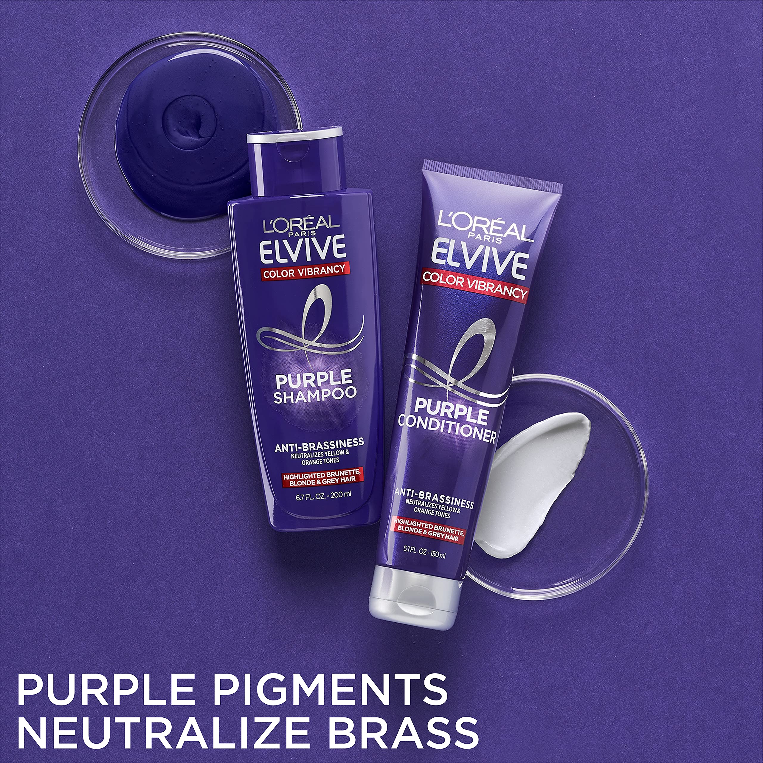 Purple pigment formula brightens highlighted brunette with cooler tones.