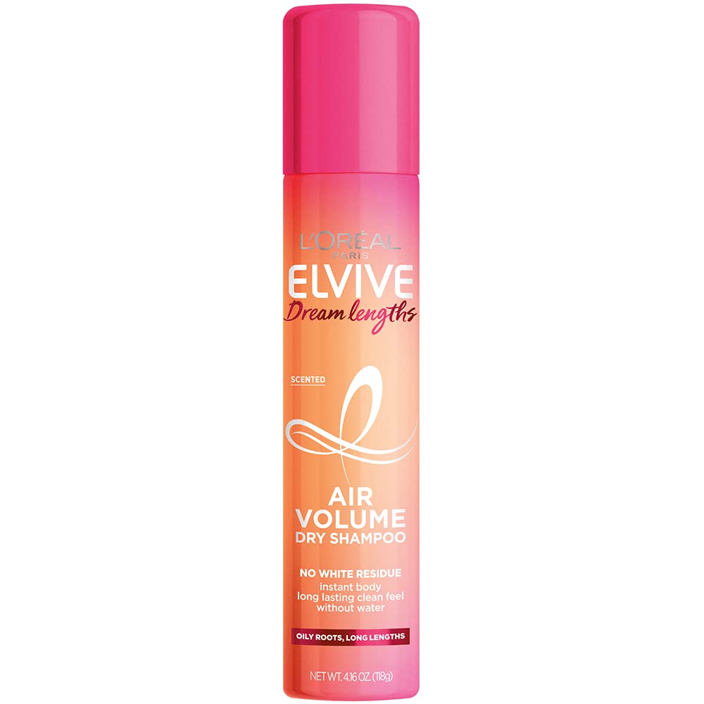 L’Oréal Paris Elvive Dream Lengths Air Volume Dry Shampoo bottle showing oil absorption action