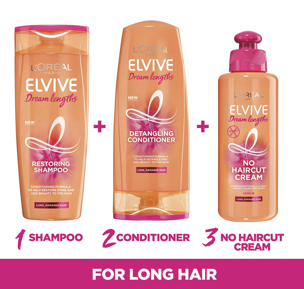 L'Oreal Paris Elvive Dream Lengths close-up of ingredients underscores keratin, vitamins, and castor oil benefits