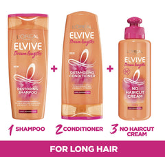 L'Oreal Paris Elvive Dream Lengths close-up of ingredients underscores keratin, vitamins, and castor oil benefits