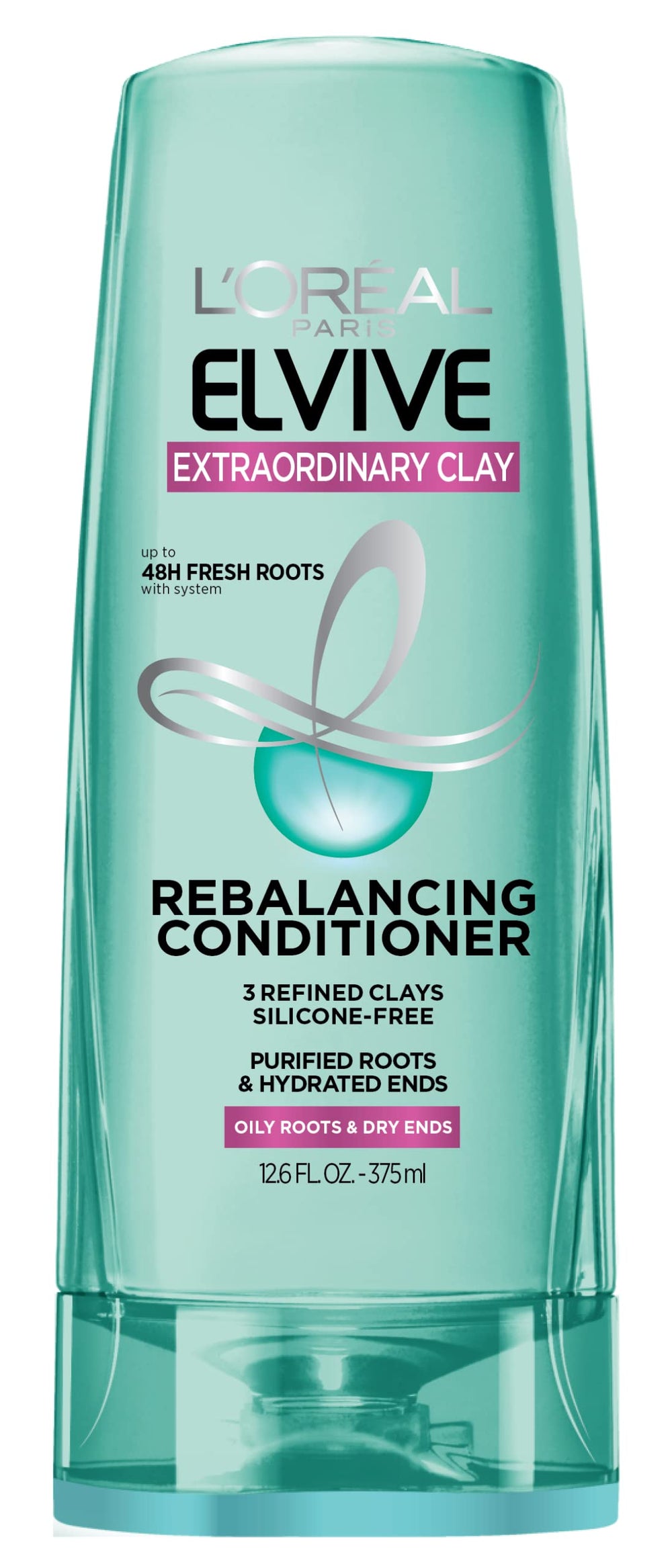 L'Oréal Paris Elvive Extraordinary Clay conditioner bottle highlights purifying clay action for oily roots.