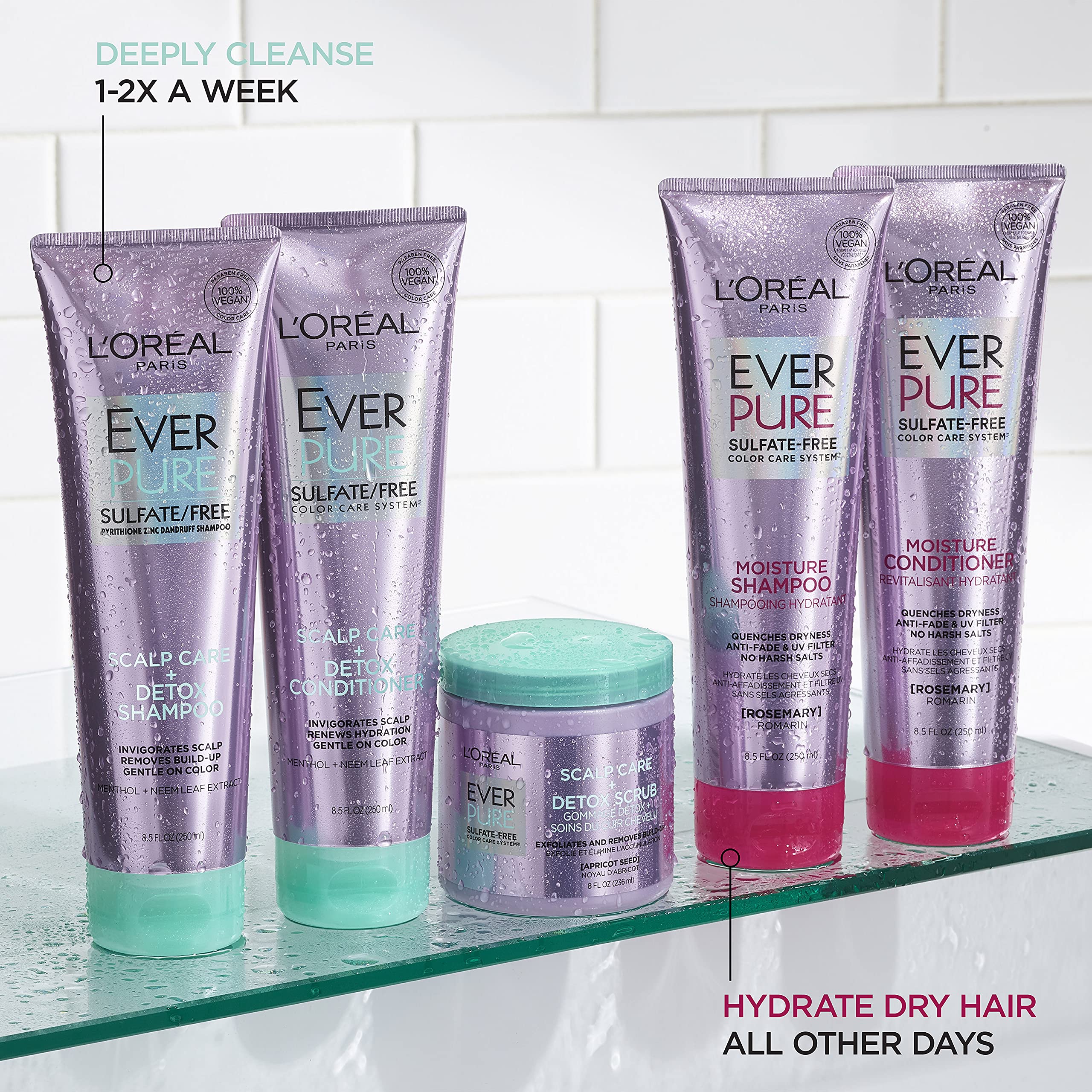 L'Oreal Paris EverPure color-treated hair care packaging suggests color-safe routine.