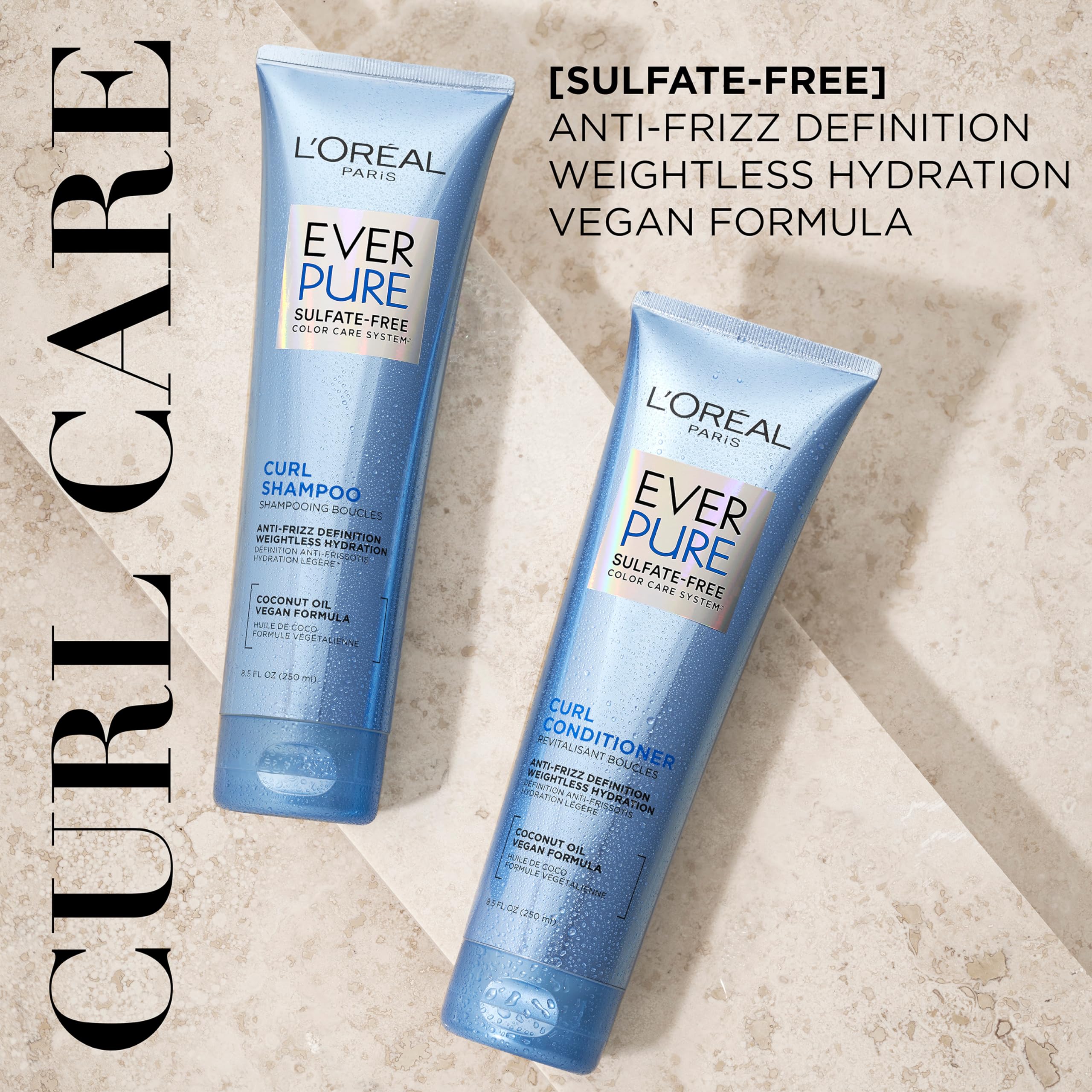 L'Oreal Paris EverPure conditioner curly bottle demonstrates frizz-control and curl softness.