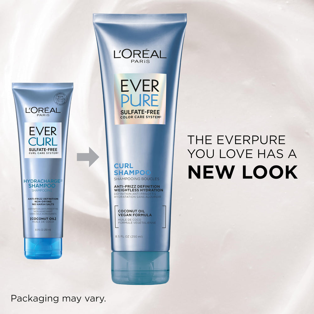 L'Oreal Paris EverPure curl-definition closeup highlights enduring bounce and shine.