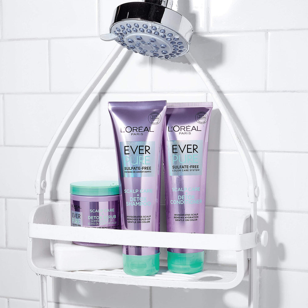 L'Oreal Paris EverPure detox scrub shown with clean, buildup-free scalp imagery.