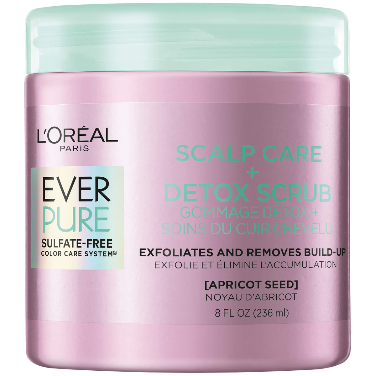 L'Oreal Paris EverPure exfoliating scrub bottle close-up for color-treated hair detox.