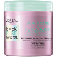 L'Oreal Paris EverPure exfoliating scrub bottle close-up for color-treated hair detox.