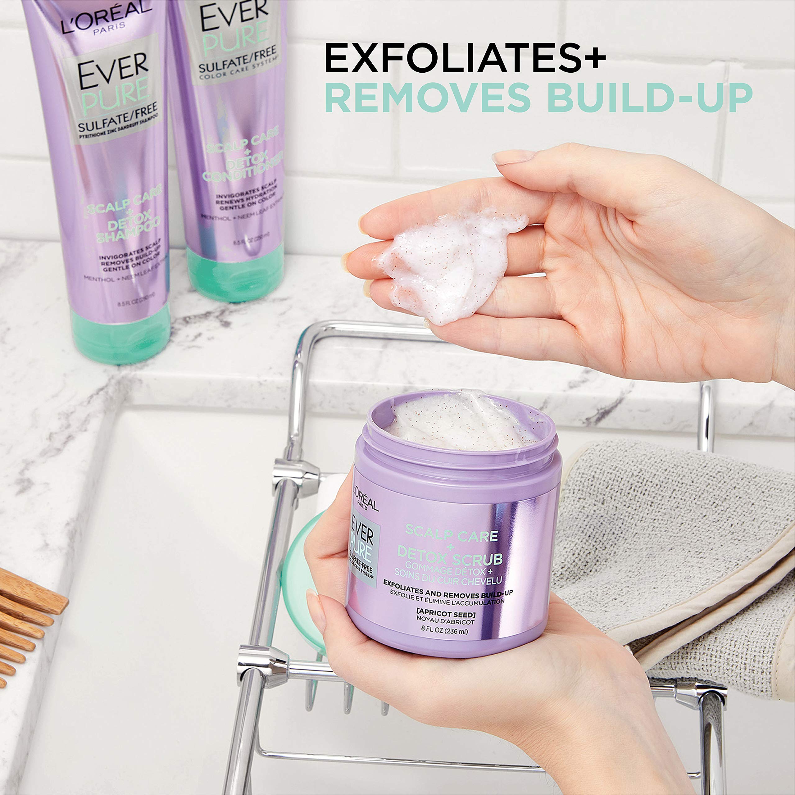 L'Oreal Paris EverPure scalp massage action demonstrates relaxing exfoliation routine.