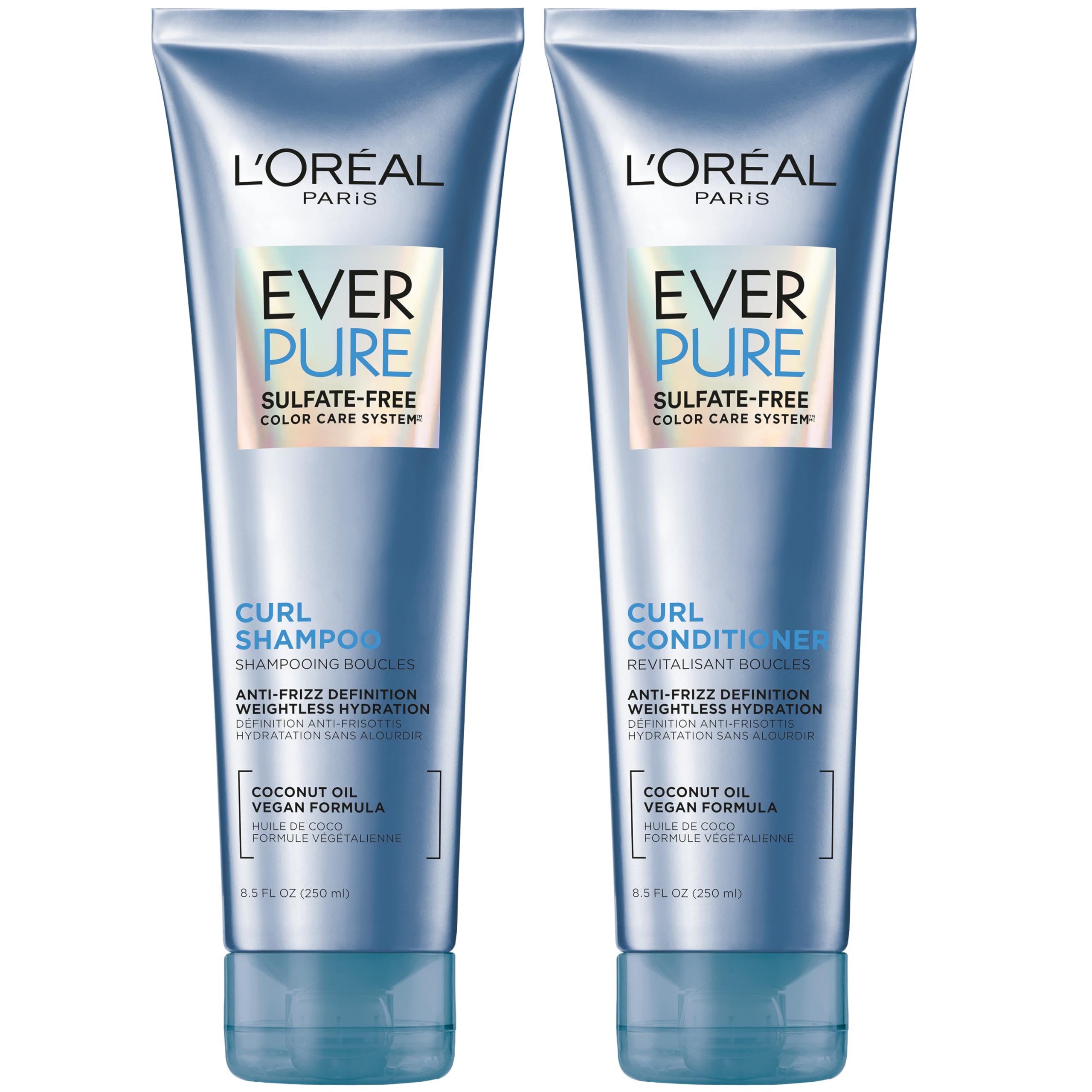 L'Oreal Paris EverPure shampoo curly bottle shows lightweight hydration for defined curls.