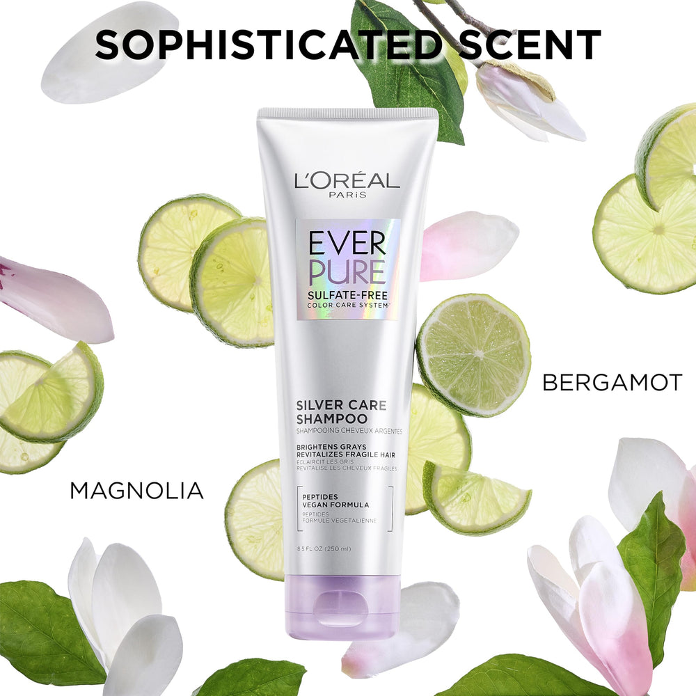 L'Oreal Paris EverPure silver care shower routine shown on wet hair.