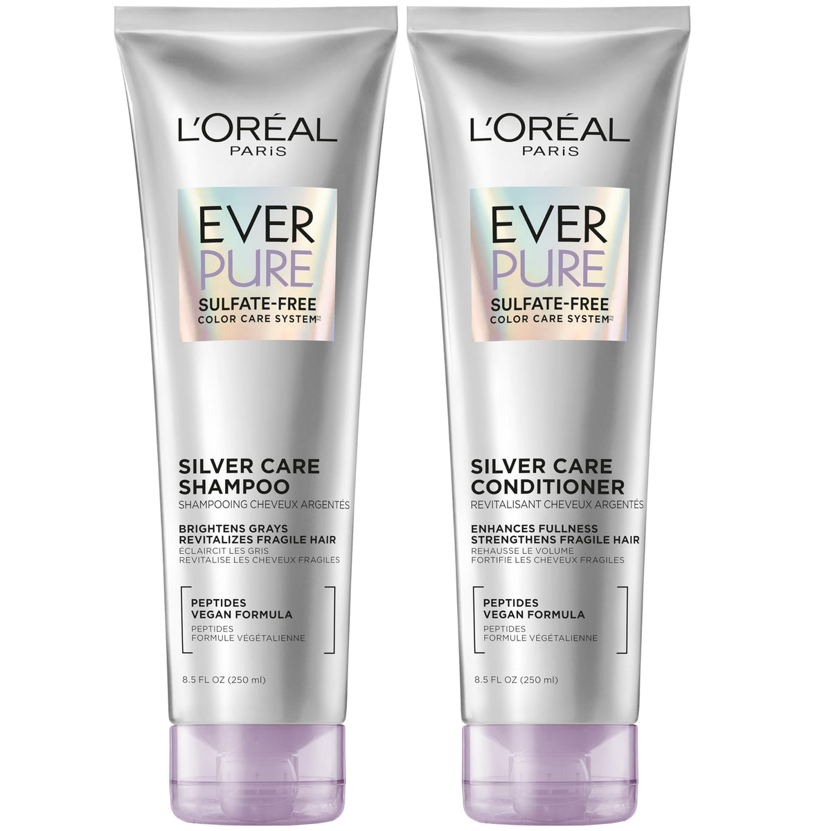 L'Oreal Paris EverPure silver care shampoo bottle for vibrant gray hair.