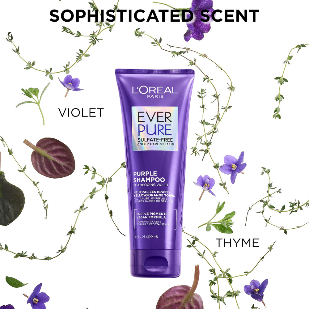 L'Oreal Paris EverPure hibiscus-infused formula visual emphasizing violet tone correction.