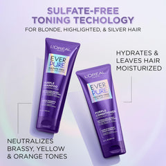 L'Oreal Paris EverPure purple shampoo pour showing brassy neutralization in use.