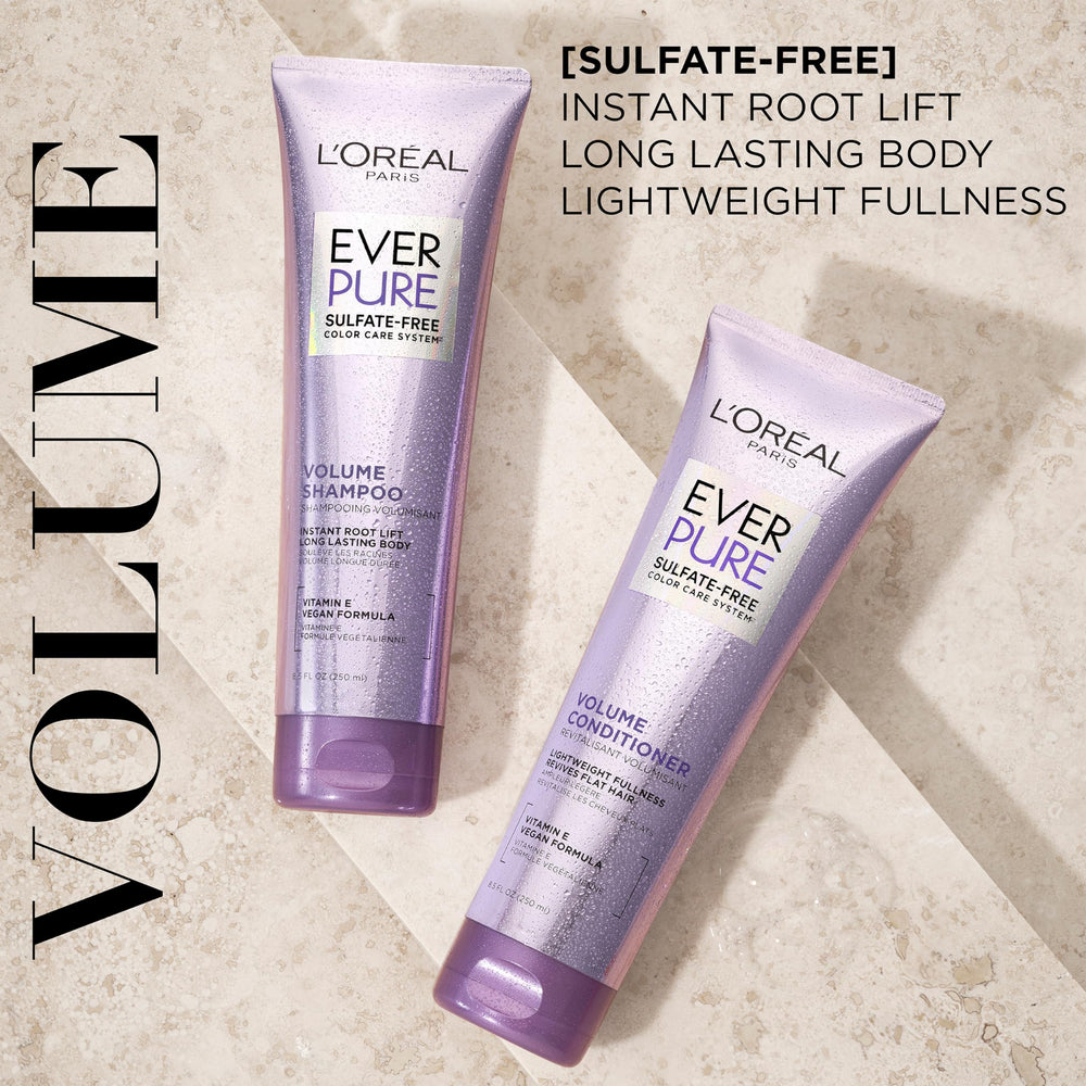 L'Oreal Paris EverPure volume conditioner bottle closeup highlighting detangling and body for color-treated hair.