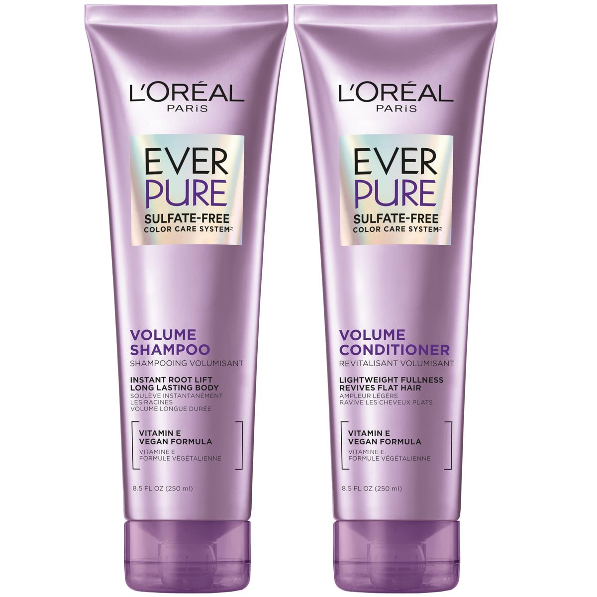 L'Oreal Paris EverPure volume shampoo bottle closeup showing volume boost for fine hair.