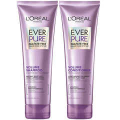L'Oreal Paris EverPure volume shampoo bottle closeup showing volume boost for fine hair.