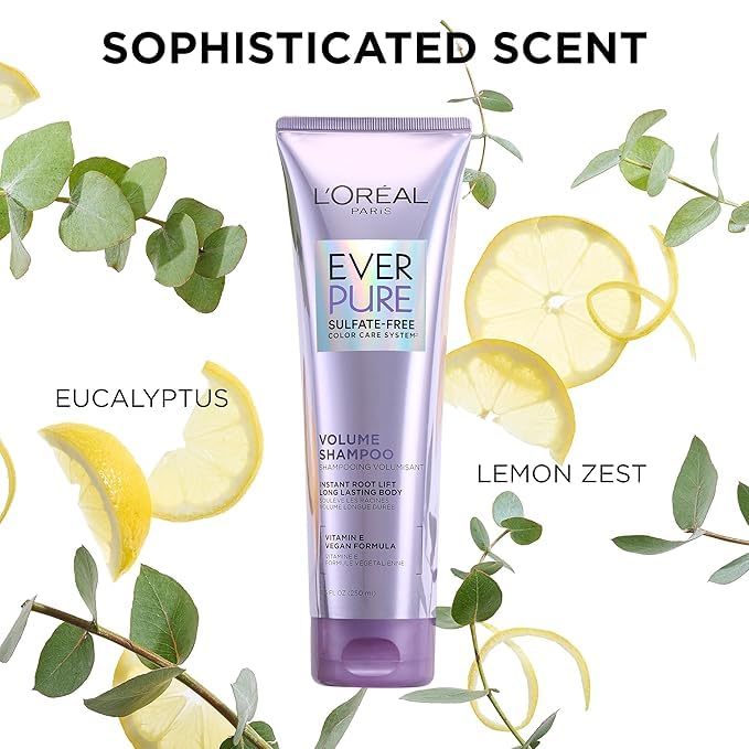 L'Oreal Paris EverPure shampoo on color-treated hair highlights shine and volume boost.