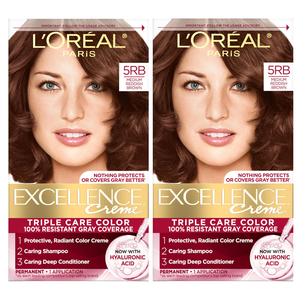 L'Oreal Paris Excellence Crème 5RB color application shows smooth reddish-brown coverage.