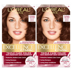 L'Oreal Paris Excellence Crème 5RB color application shows smooth reddish-brown coverage.