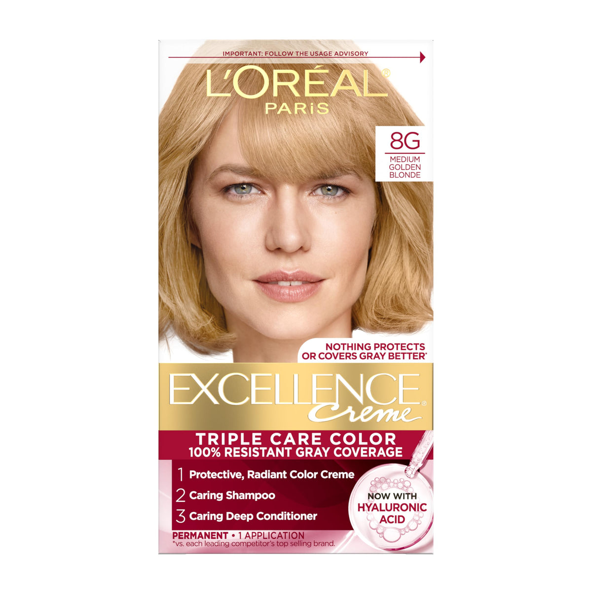 L'Oreal Paris Excellence Crème 8G box close-up shows rich gray coverage potential