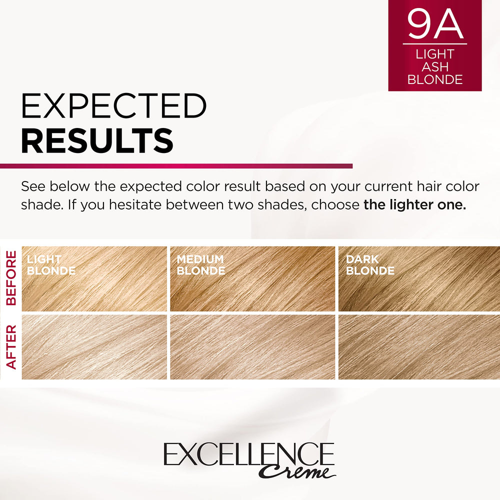 L’Oréal Paris Excellence Creme 9A light ash blonde shade visualized for natural cool blonde
