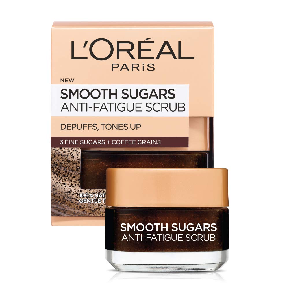 L’Oréal Paris Pure Sugar Scrub con Café Kona en tarro, exfolia suavemente para una piel suave.