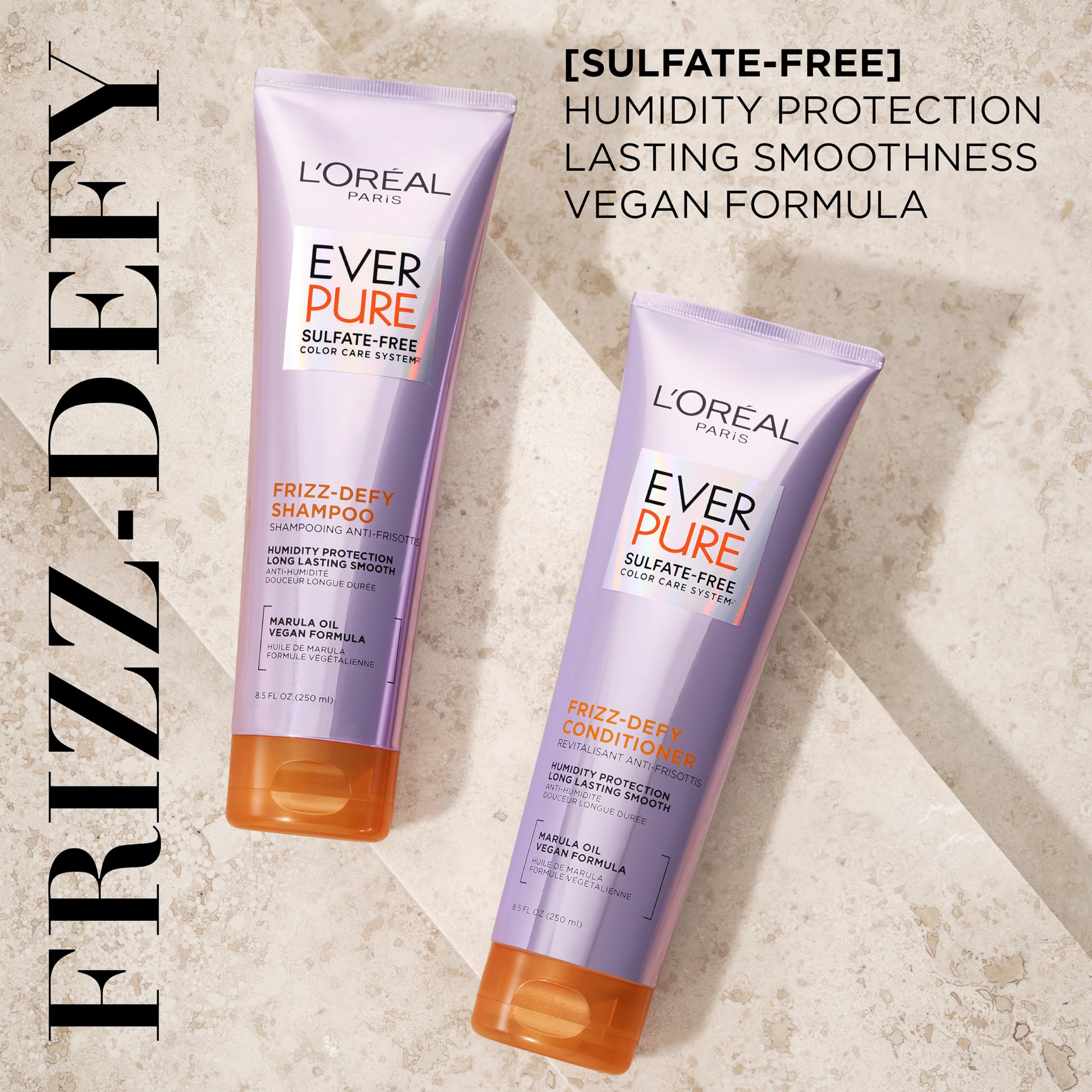 LOreal Paris Frizz Defy Conditioner bottle highlighting smoothness and moisture for manageable, radiant hair.