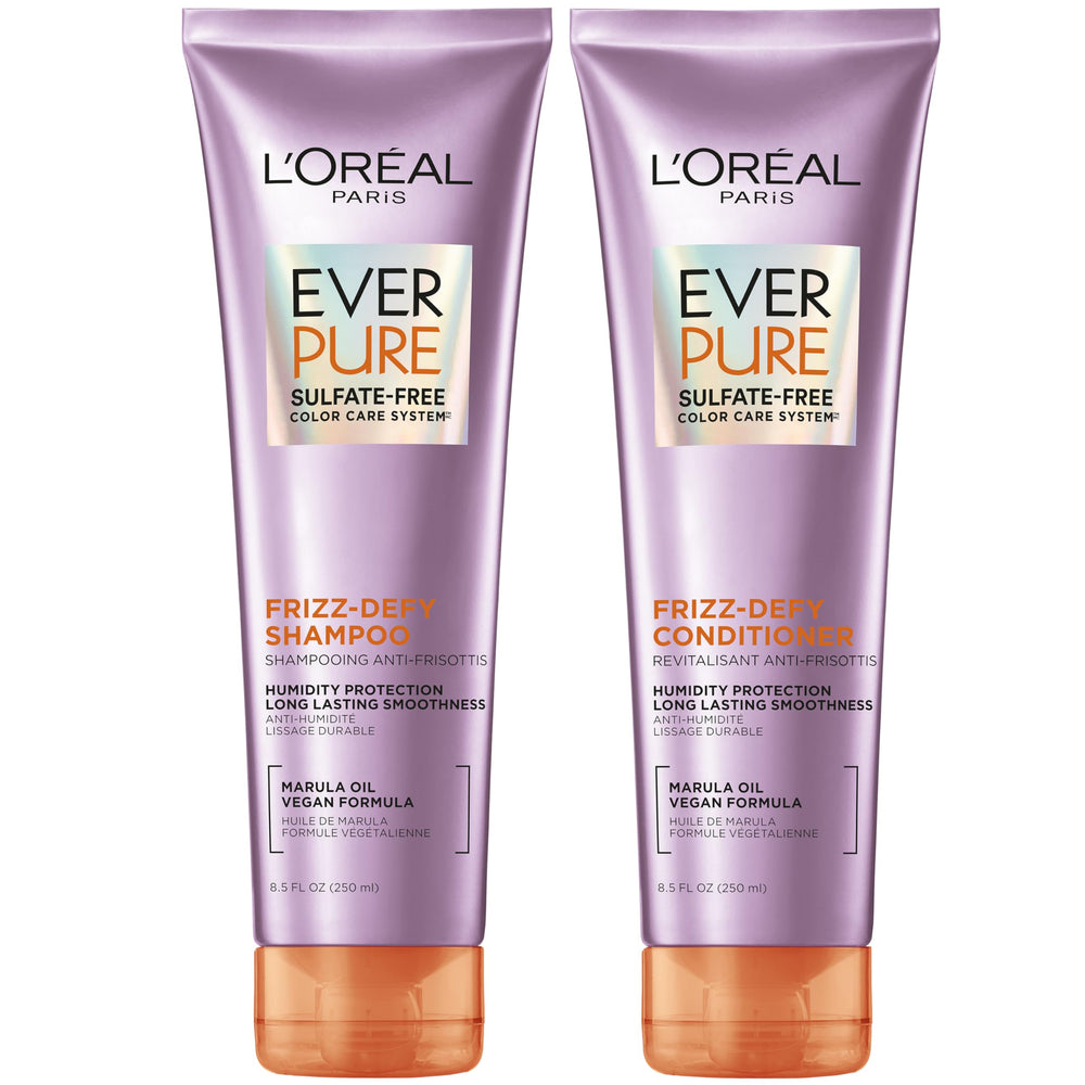 LOreal Paris Frizz Defy Shampoo bottle promoting frizz control and color protection for humid days.