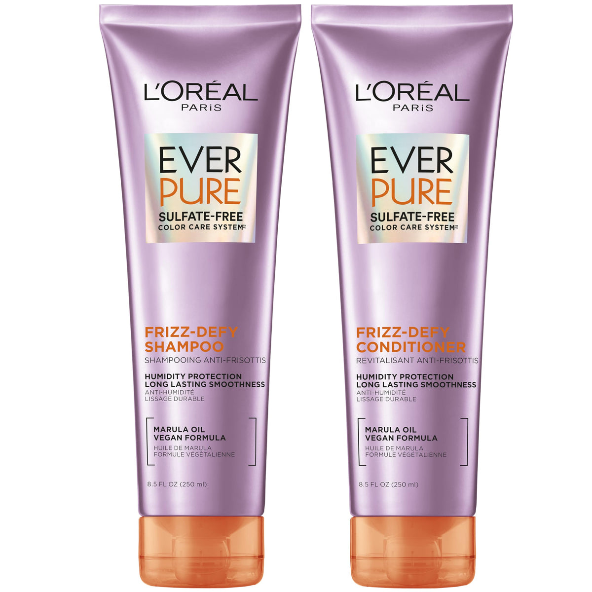 LOreal Paris Frizz Defy Shampoo bottle promoting frizz control and color protection for humid days.