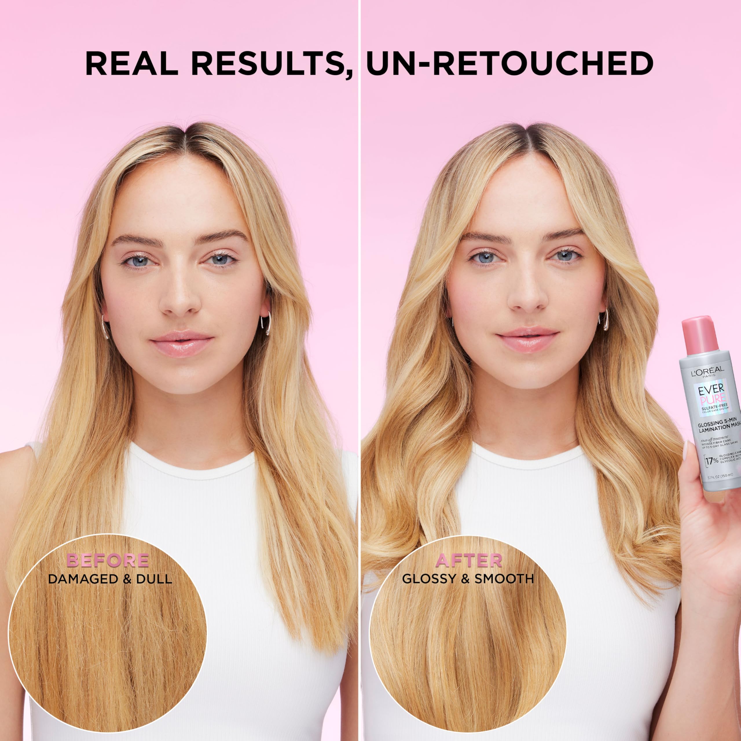 L'Oreal Paris before and after hair comparison showing visible shine gain