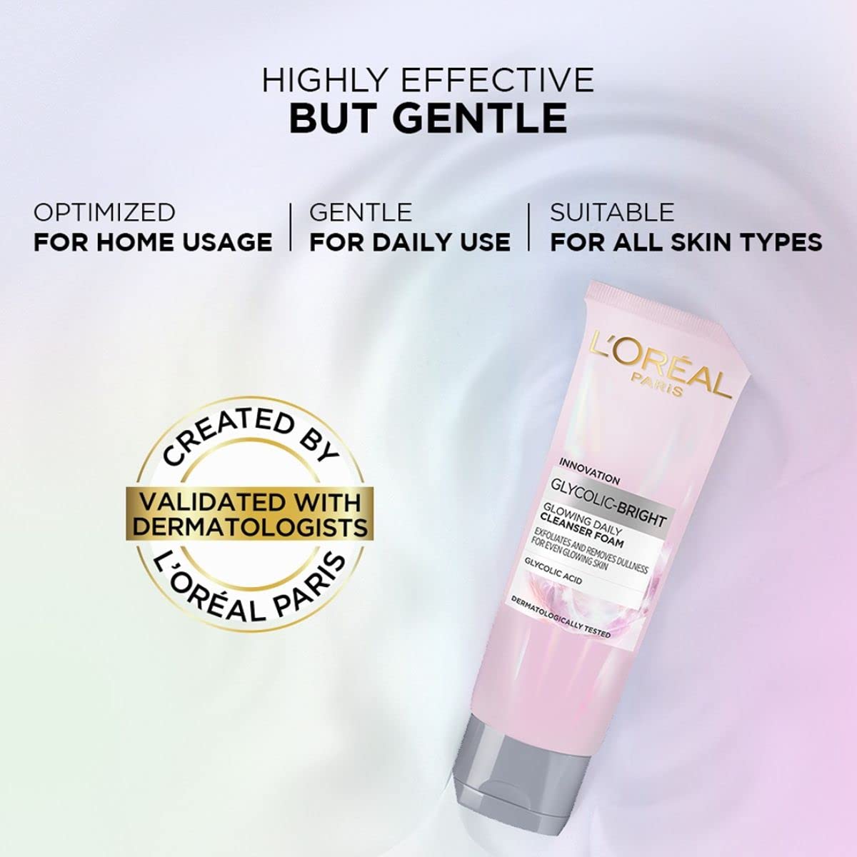 L’Oréal Paris Glycolic Bright packaging flatlay highlights easy daily cleansing for radiant-looking skin.