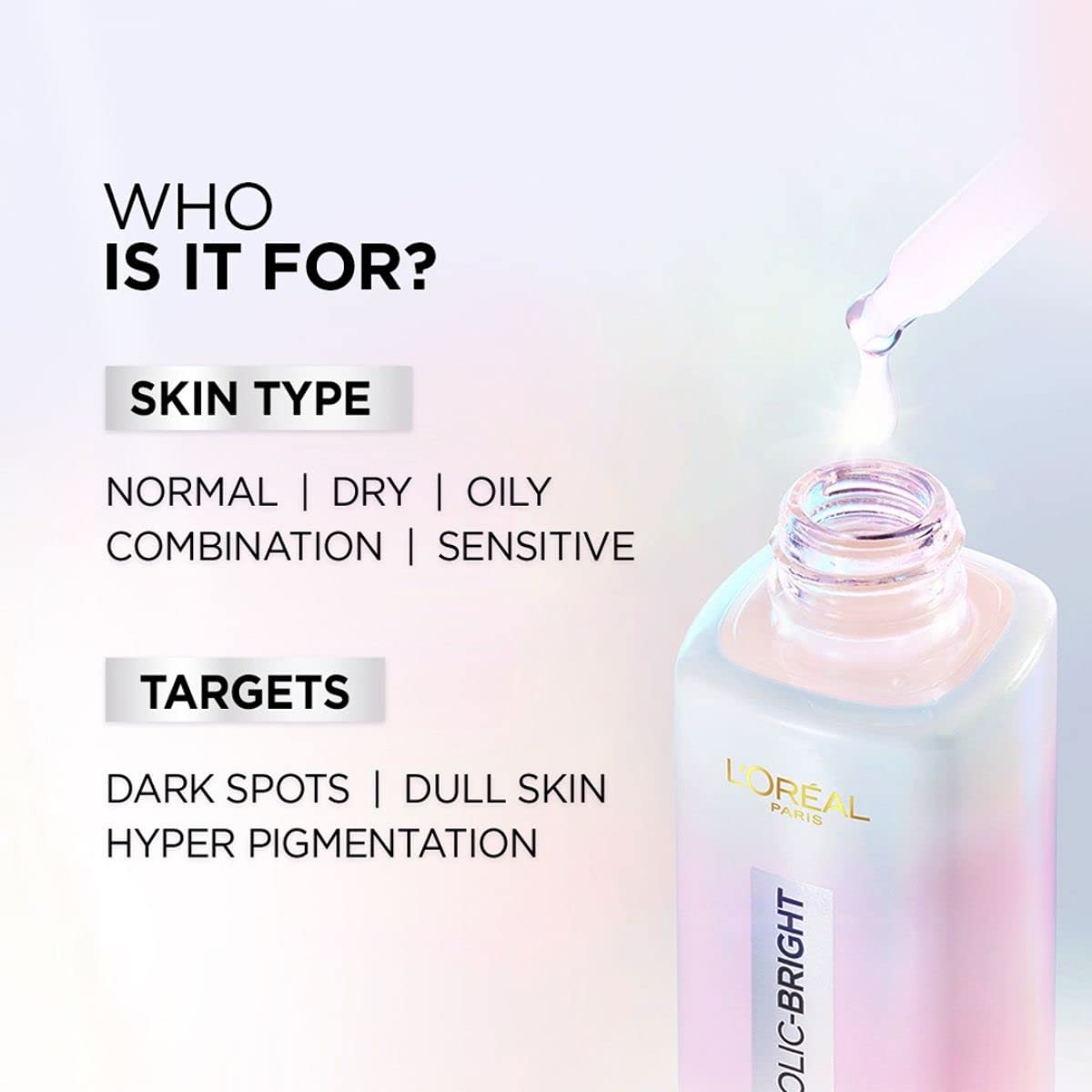 L’Oréal Paris Glycolic Bright dispensing pump closeup communicates controlled product usage.