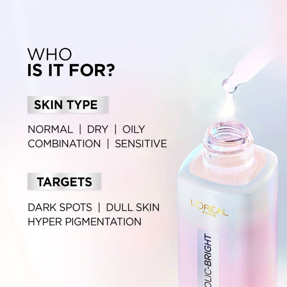 L’Oréal Paris Glycolic Bright dispensing pump closeup communicates controlled product usage.