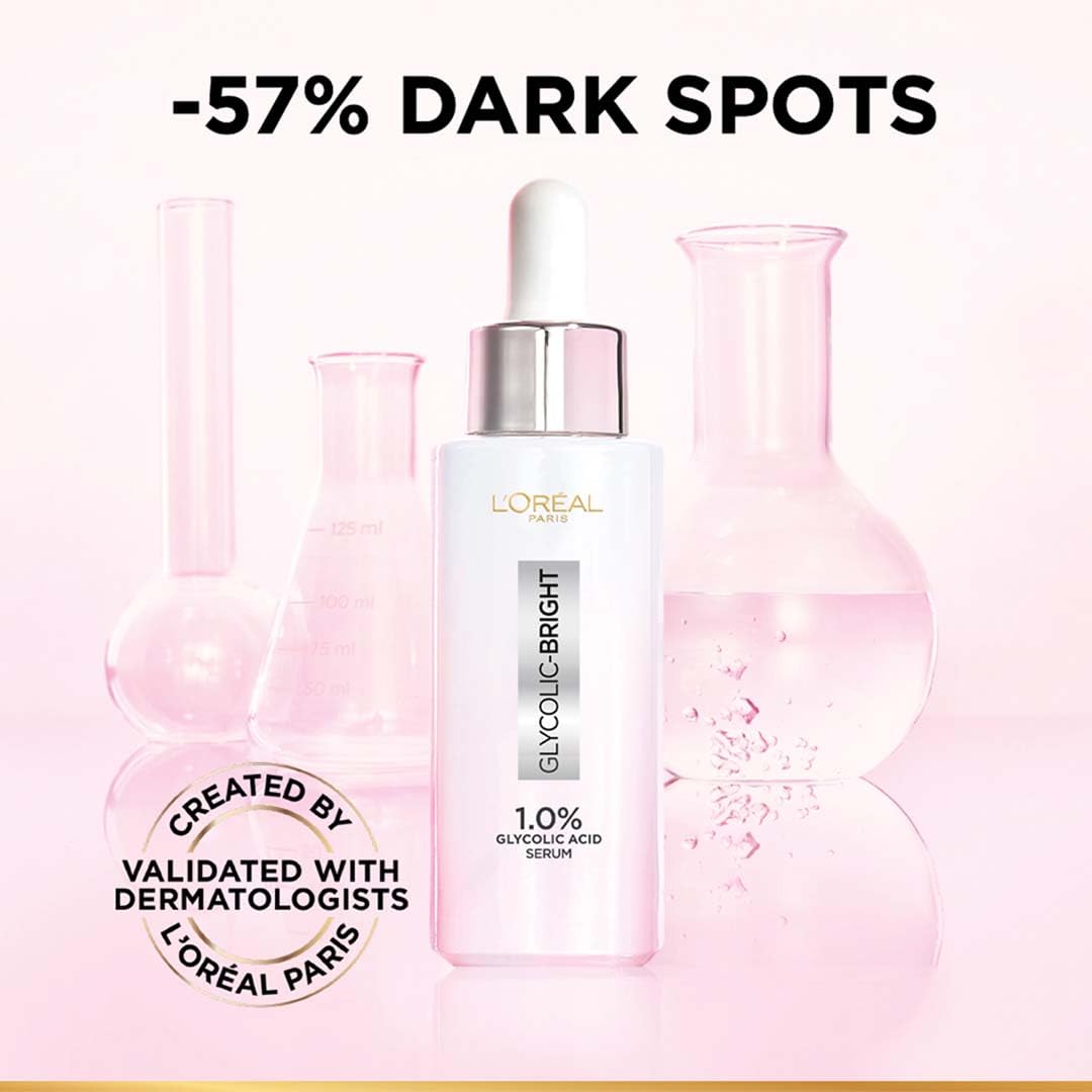 L'Oreal Paris glycolic-niacinamide label close-up highlights potent ingredients for renewal.