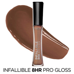 Close-up lip swatch shows Dulce De Leche shade and eight-hour shine.