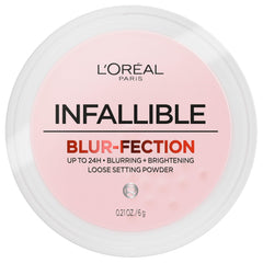 L'Oreal Paris Infallible Blur-fection loose powder jar closeup shows silky blur for radiant skin
