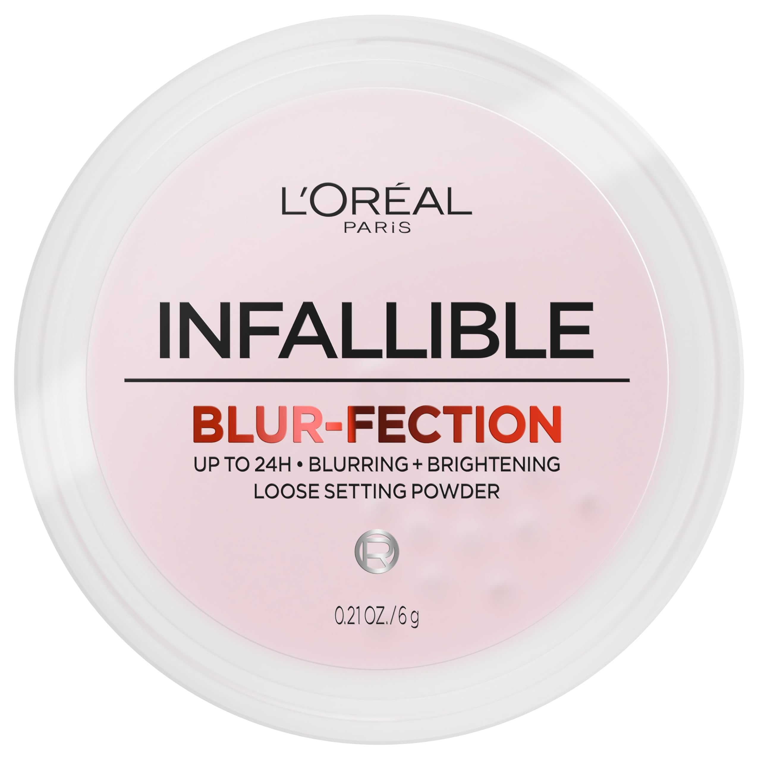 L'Oreal Paris Infallible Blur-fection powder bottle closeup for longwear blur and shine control.