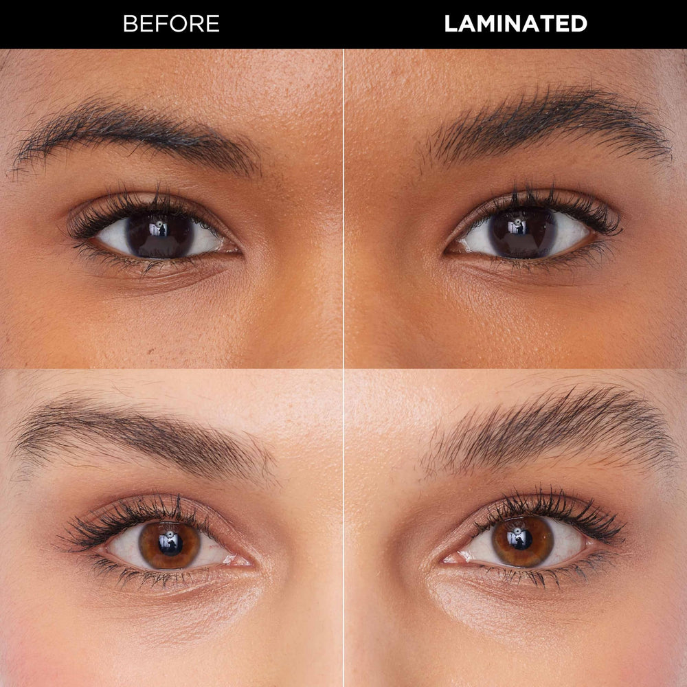 L'Oreal Paris Infallible brow lamination brows up close; shows defined lifted arches.