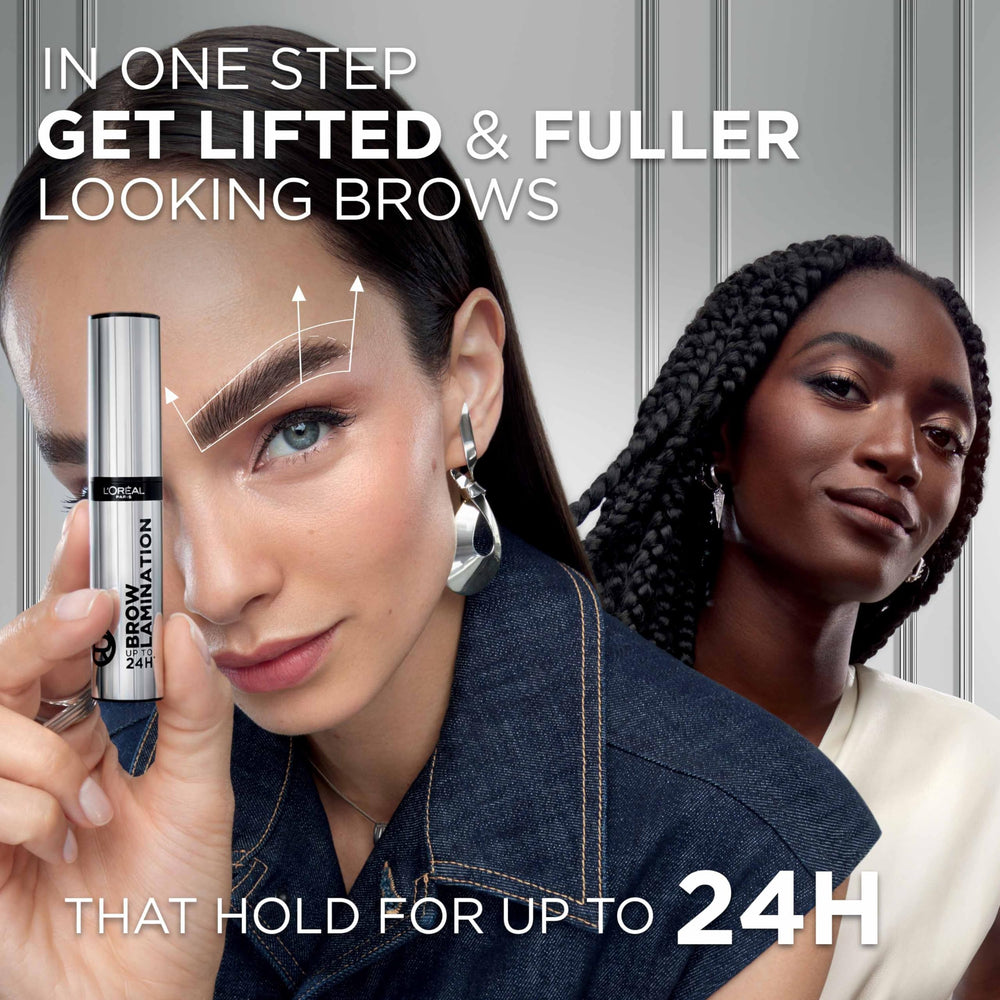 L'Oreal Paris brow lamination product in makeup bag suggests easy on-the-go lift.