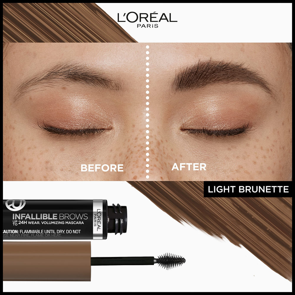 L'Oreal Paris Infallible Brow Mascara brush close-up highlights 3D micro-grip for volume