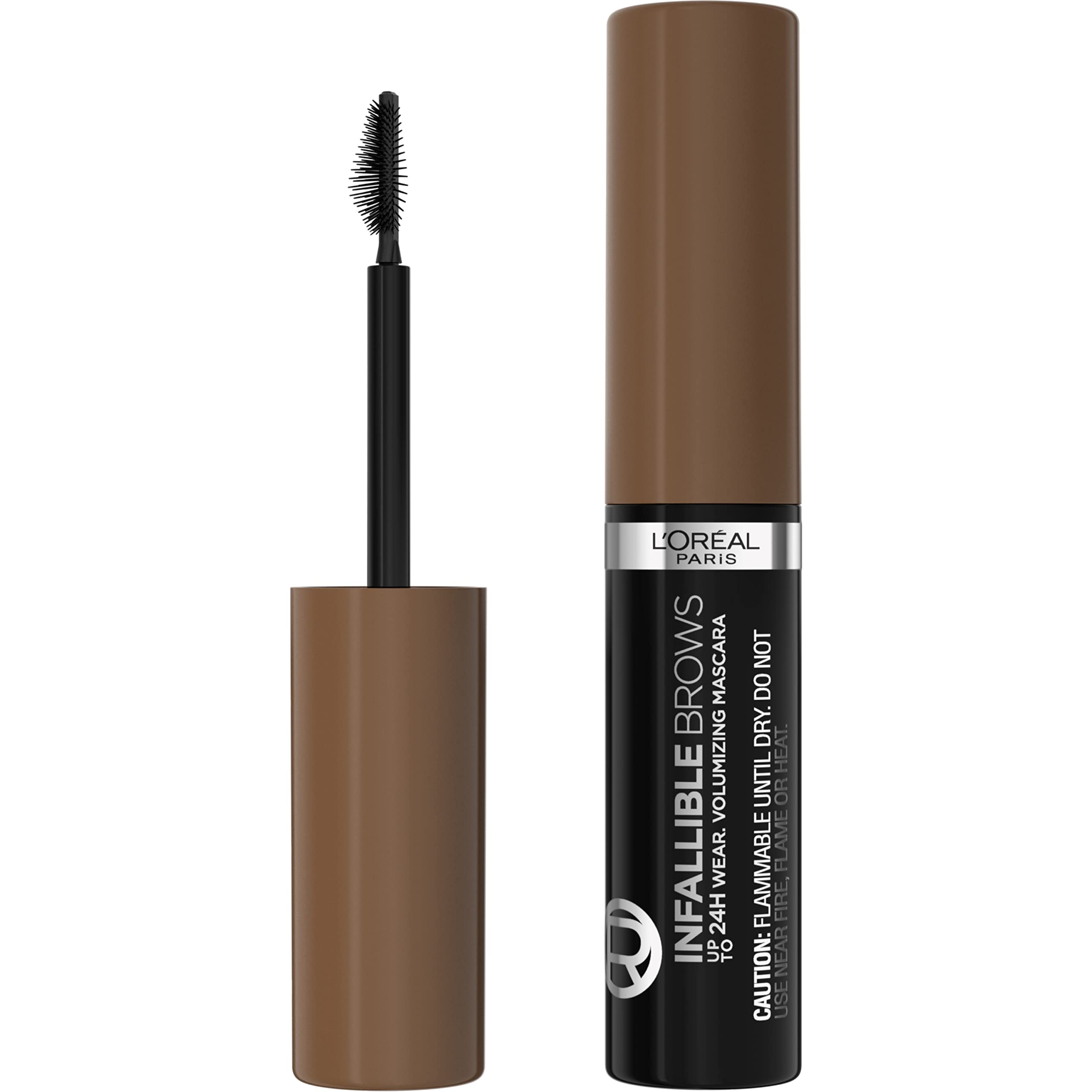 L'Oreal Paris Infallible Brow Mascara tube shows fiber formula for fuller brows