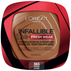L'Oreal Paris Infallible Fresh Wear powder copper packaging delivers all-day matte coverage.
