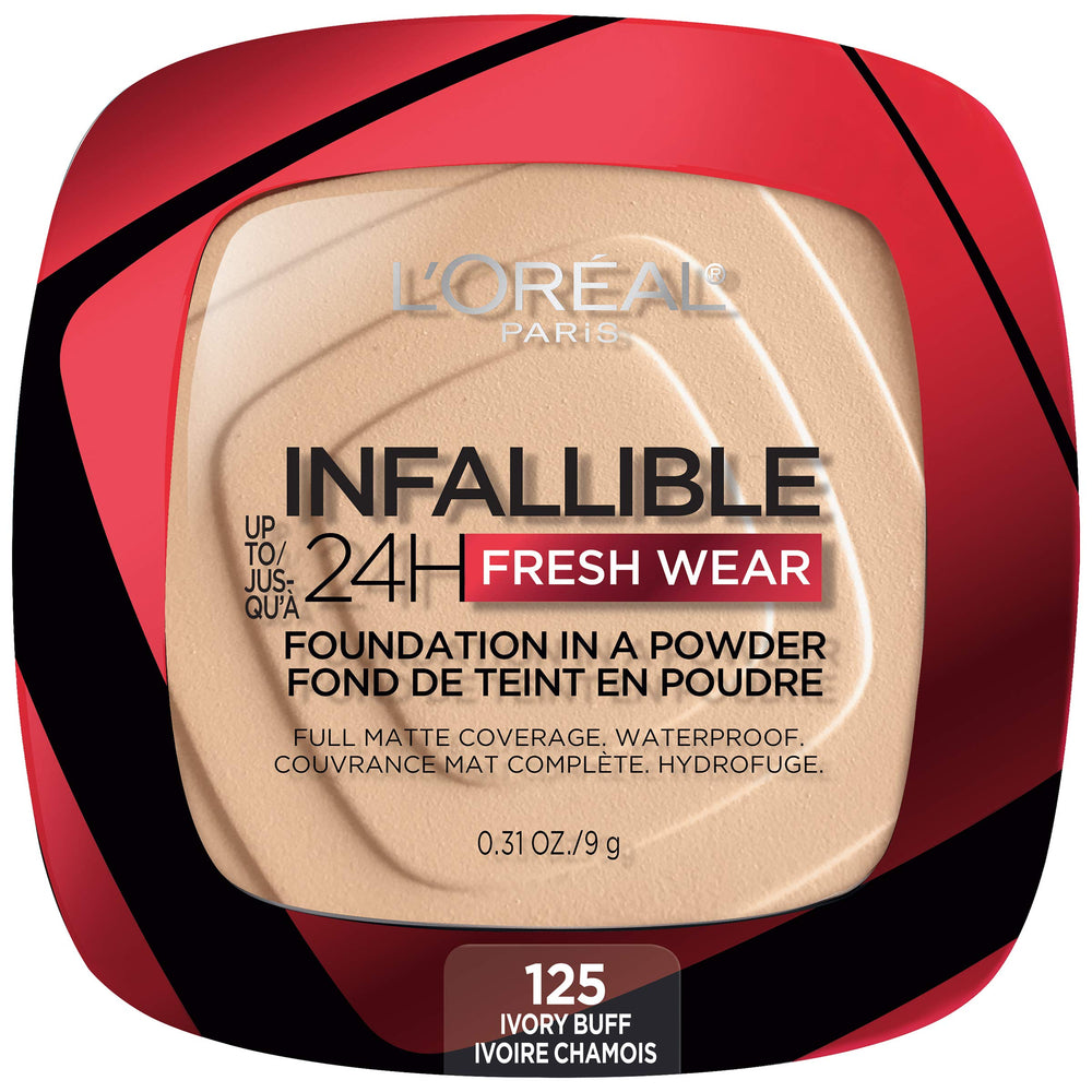 L'Oreal Paris Infallible Fresh Wear foundation powder Ivory Buff compact, showcasing long-wear matte finish.
