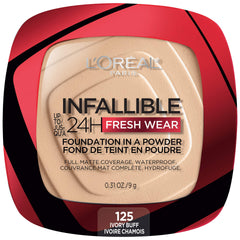 L'Oreal Paris Infallible Fresh Wear foundation powder Ivory Buff compact, showcasing long-wear matte finish.