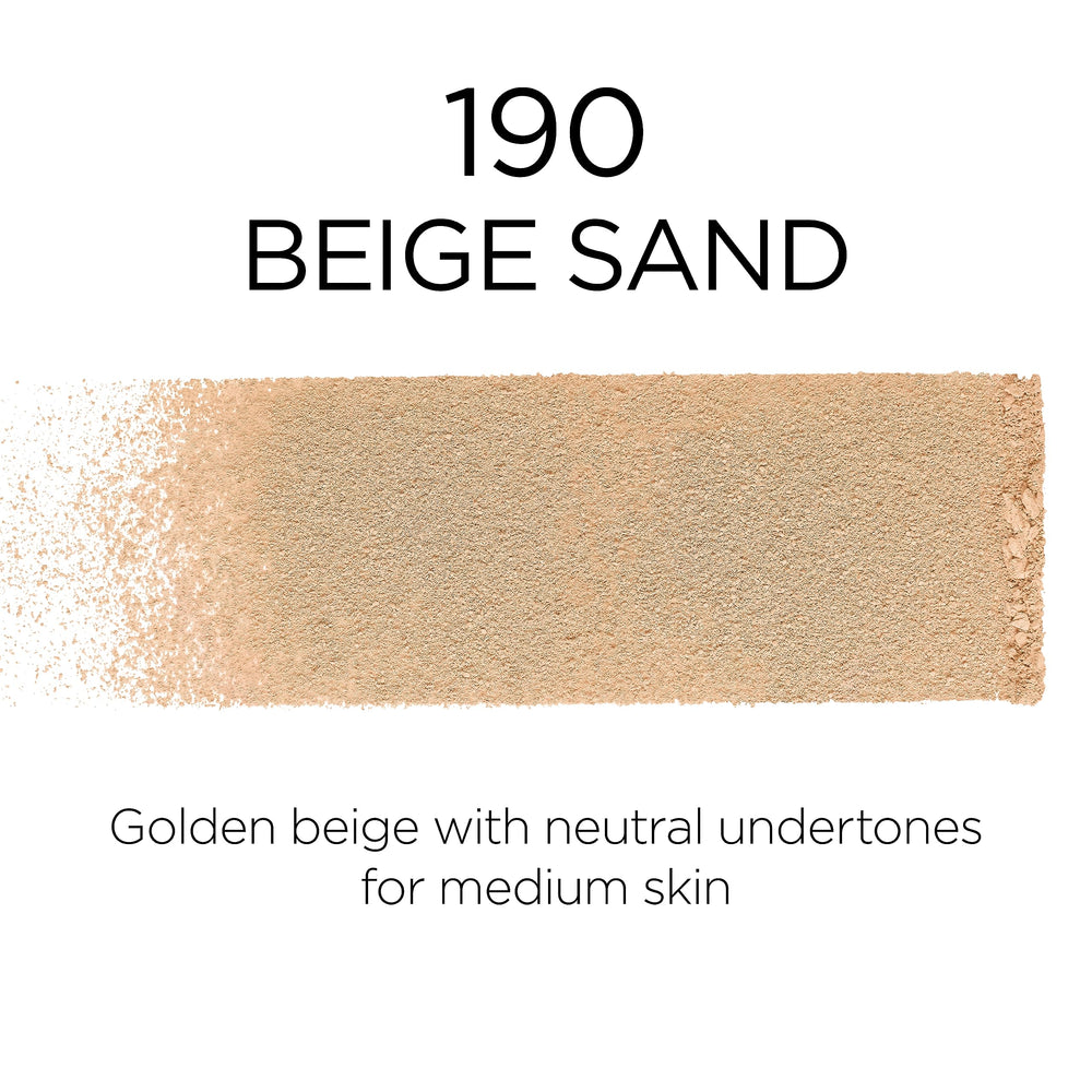 L’Oréal Paris Infallible Fresh Wear Foundation Powder swatch highlights Beige Sand shade on skin.