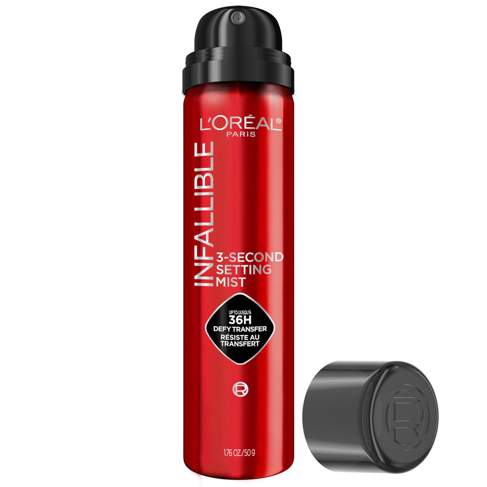 L'Oreal Paris Infallible setting mist bottle demonstrates long-wear makeup hold for all-day confidence