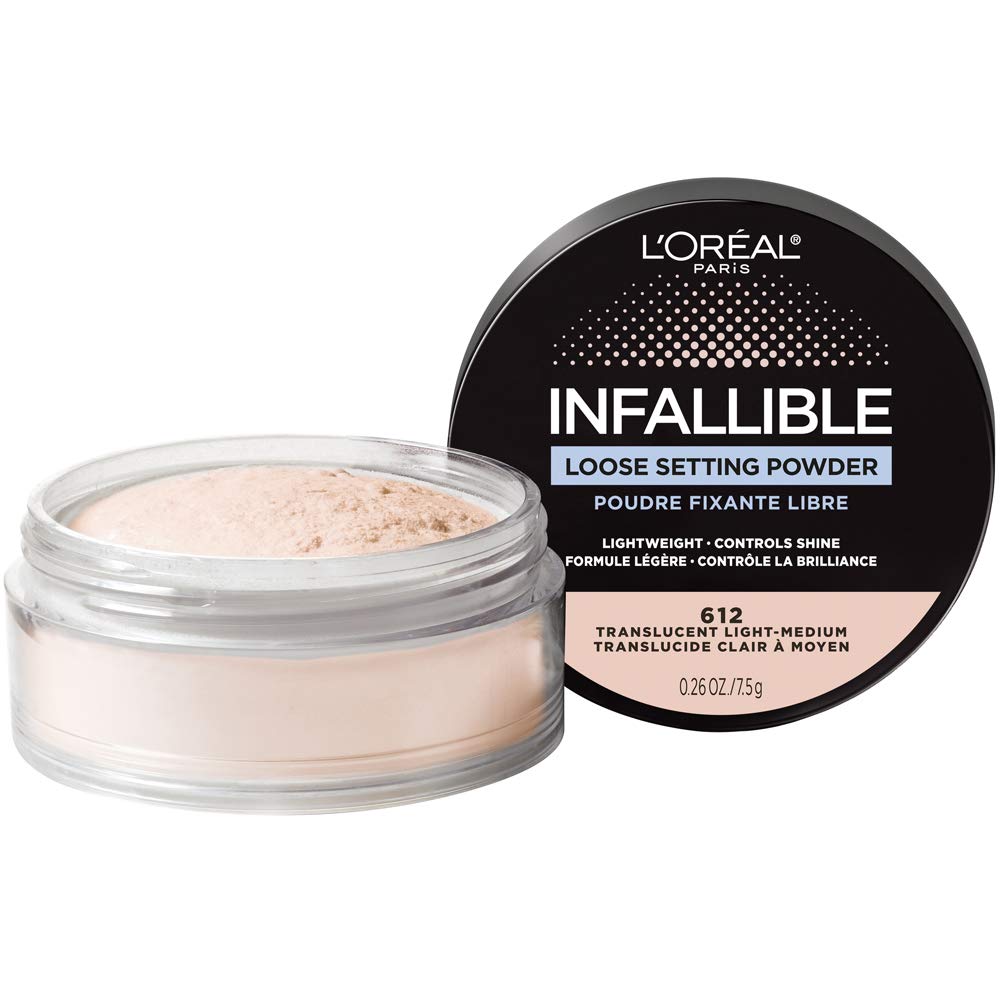 L'Oreal Paris Infallible tinted loose setting powder no white cast for true skin tone.