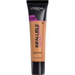 L'Oreal Paris Infallible Total Cover Foundation Creme Café bottle demonstrates full coverage.