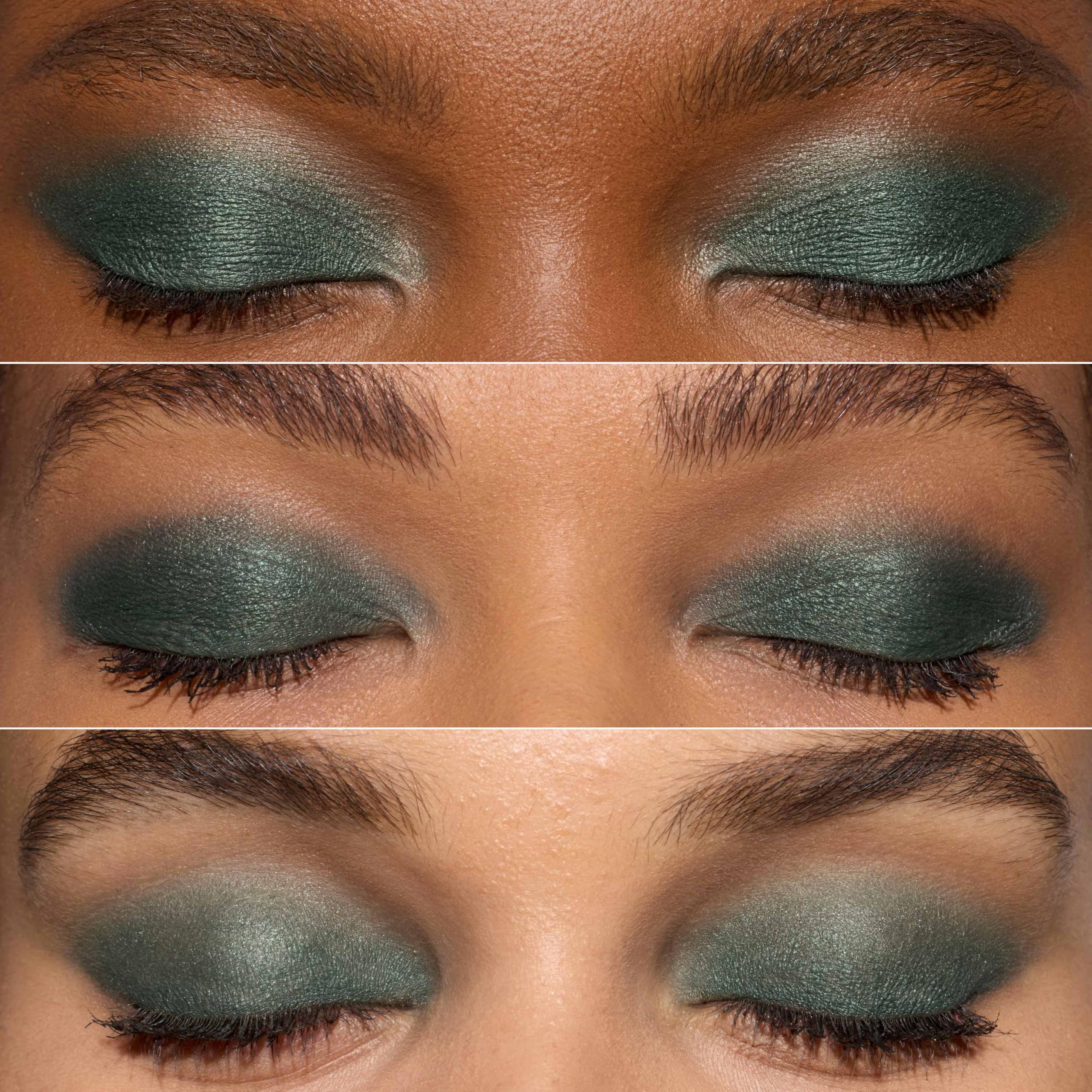 L'Oreal Paris Le Shadow Stick Twilight Emerald smoky-eye closeup shows easy blend and buildable color.